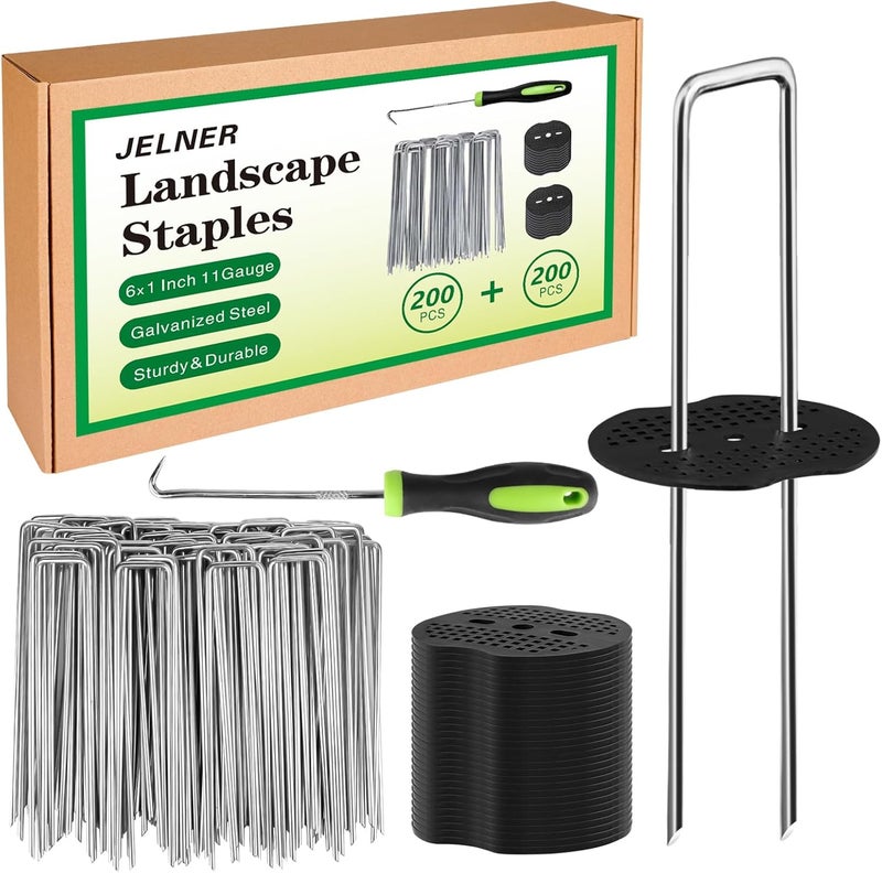 JELNER Garden Stakes,6 Inch 11 Gauge 200pcs Galvanized Landscape Staples and 200pcs Gaskets +1Pick Hook, Tent Stakes Landscaping Fabric SOD Pins for Weed Fabric Barrier,Groud Cover,Fence - Image 1